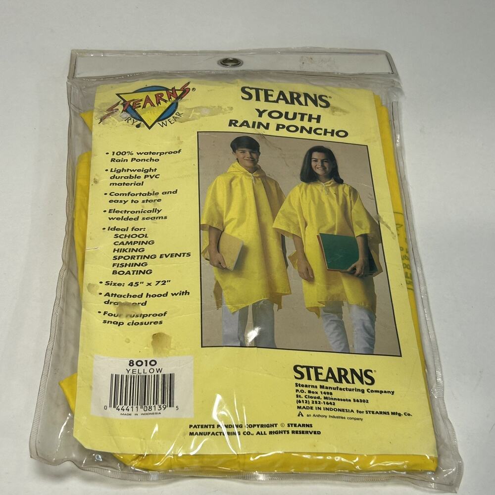 Stearns Hooded Rain Poncho Yellow Youth Unisex New 45" x 72" Dry Wear w/Pouch